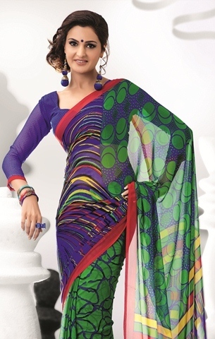 Navy Blue With Green 1855-B - Wetlash Georgette Designer Saree, 900gms, Printed, Ideal for Rainy, Spring & Summer Seasons, Bollywood Style