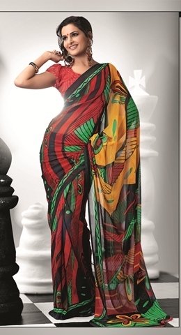 Black With Red 1890-B - 900g Wetlash Georgette Bollywoodesque Printed Designer Saree, Multi-Season Wear for Rainy, Spring, Summer, Winter