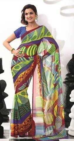 Neon Green with Blood Red 1891-B - Cotton Blend Wetlash Georgette Printed Designer Saree, Bollywood Style for All Seasons