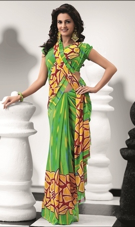 Green With Lemon Designs 1892-B - Wetlash Georgette + Printed Designer Saree, 900gms, Green Color, Printed Pattern, Ideal for All Seasons