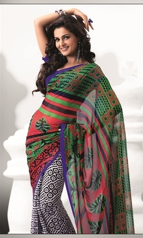 Red With Black & White 1893-A - Georgette Fabric, Multi Color Printed Designer Saree, 900g, Suitable for All Seasons