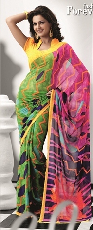 Green With Orange 1894-B - Wetlash Georgette Printed Designer Saree, Yellow, Green, Red, Patterned for All Seasons