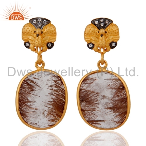 Handmade Rutilated Quartz Earrings - Sterling Silver 8.86 Gms, 20.52 Cts Gemstones, Zircon Studded, Polished Finish