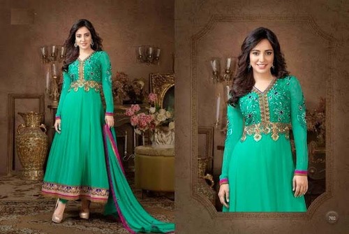 702 - Faux Georgette & Shantoon Salwar Kameez, Green with Embroidery | Full Sleeves, Washable, Printed, Chic Ethnic Design