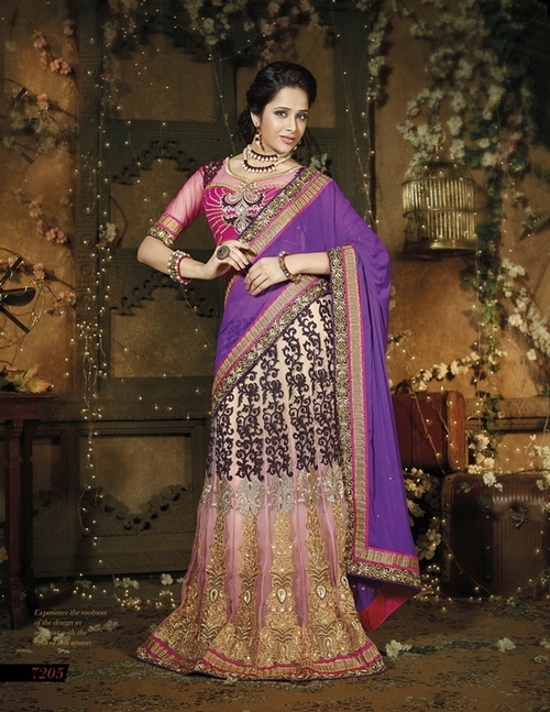 7205 - Georgette Fabric with Heavy Embroidery, Purple and Pink Lahenga Saree for All Seasons
