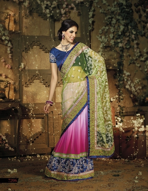 7206 - Georgette Saree with Heavy Embroidery, Bollywood Style, Weight: 900g, Multi-Color: Green, Pink, Blue, Suitable for All Seasons
