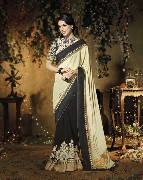 7207 - Georgette Fabric Saree With Heavy Embroidery , Cream and Black Color, Bollywood Style, Suitable for All Seasons