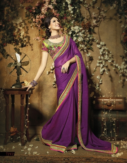 7212 - Georgette Fabric with Heavy Embroidery Work Saree | Purple, Stylish Bandhani Pattern, Suitable for All Seasons