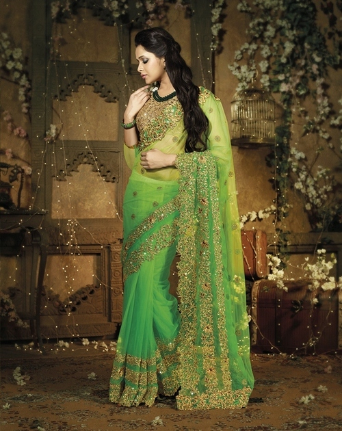 7214 - Net Fabric Designer Saree With Heavy Embroidery, Green Color, Bollywood Style, Suitable for All Seasons, 900gms Weight