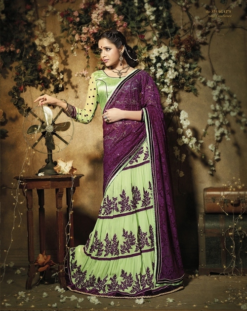 7217 - Net Jav Fabric With Heavy Embroidery Work, Light Green and Purple Bollywood Designer Saree for All Seasons