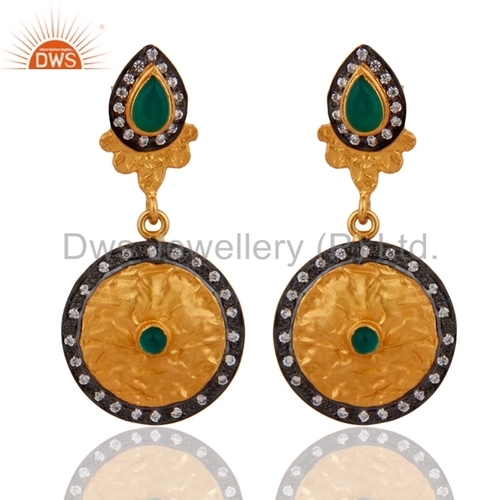 Sterling Silver - Drop Earrings Green Onyx Gemstone | Designer Gold Vermeil Perfect for Weddings and Anniversary Gifts