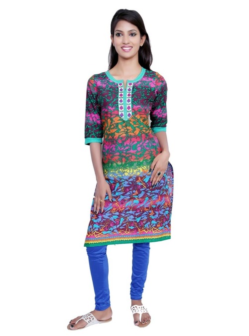 Port Colour Printed Cotton Half Long Kurti - Cotton, Various Sizes, Color Printed | Comfortable, Three Quarter Sleeve, Round Neck, Regular Fit