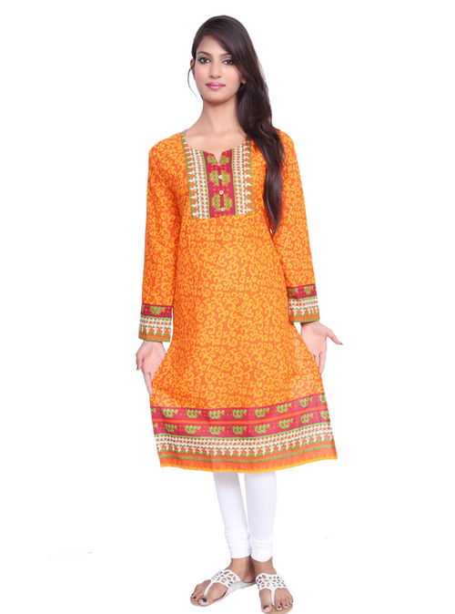 Port Casual Unique Printed Womens Kurti - Cotton, Orange, Knee Length | Stylish, Comfortable, V-neck, Long Sleeve