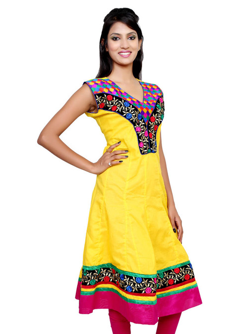 Port Festive Sleeve Printed Womens Kurti - Cotton, 44 Inches, Yellow | Ethnic Print, Contrast Bodice, Tie-up Waist with Tassels