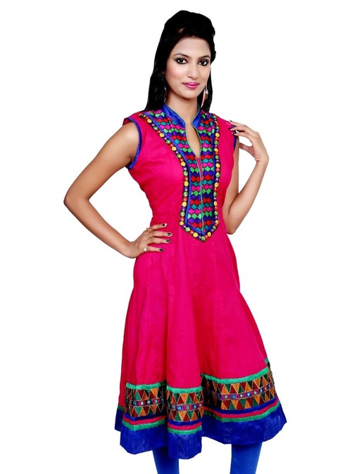 Port Colour Printed Cotton Half Long Kurti - Pink, Embroidered, Mandarin Neckline | Stylish, Comfortable, Sleeveless, Elegant