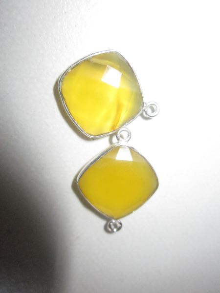 Yellow Chalcedony Connectors - 2 PCS Sterling Silver, Cushion Shape, Square Design
