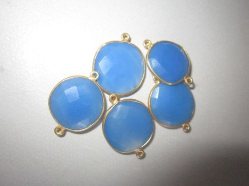 5PCS  BLUE CHALCEDONY 18 K GOLD PLATED CONNECTORS COIN