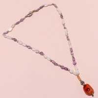 Natural Gemstone Beaded Necklace - 16 Inch Ready To Wear, Orange-purple-white Oval Design