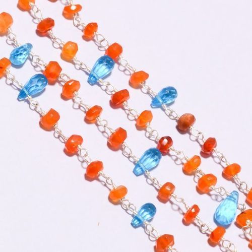 Carnelian Faceted  Rondell & Blue Crystal 18Inch 925Sterling Silver Plated Chain Size: 9-18 Inch