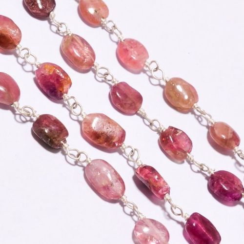 Pink Tourmaline Plain Oval 18 Inch 925 Sterling Silver Plated Beaded Chain Weight: 15-20 Grams (G)