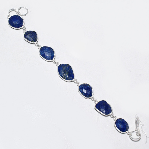 9 INCH LAPIS FACETED NUGGETS 925 SILVER PLATED READY TO WEAR BRACELET 61 CTS 7 PCS