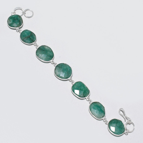 9 INCH EMERALD FACETED NUGGETS 925 SILVER PLATED READY TO WEAR BRACELET 74 CTS 7 PCS
