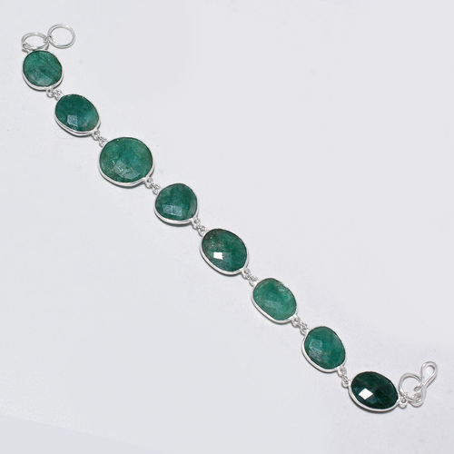 9 INCH EMERALD FACETED NUGGETS 925 SILVER PLATED READY TO WEAR BRACELET 74 CTS 7 PCS