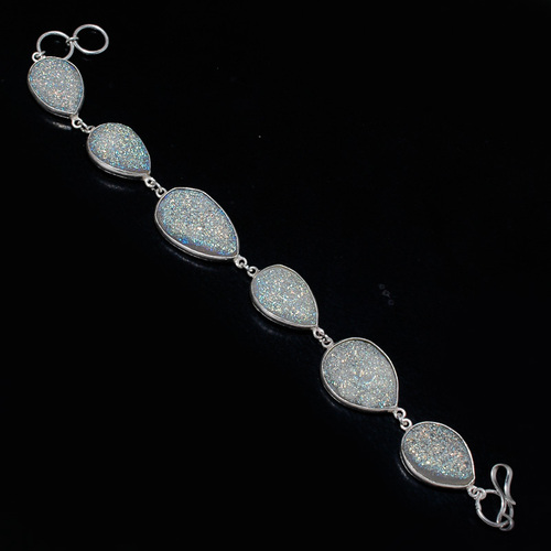 9 INCH  WHITE DRUZY PEAR SHAPE  925 SILVER PLATED READY TO WEAR BRACELET 92CTS 6 PCS