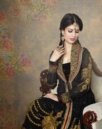 Black Anarkali Salwar Kameez - Net Fabric, 54 Inches, Black With Gold Embroidery | Durable, Skin-friendly, Shrink Resistant, Elegant Party Wear