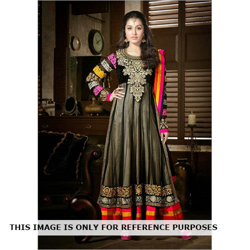 Net Black Anarkali Semi Stitched Embroidered Dress