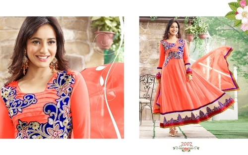 Anarkali Fancy Party Wear Suit - Georgette Fabric, Available in Bust Sizes 34-44, Orange Color with Elegant Embroidery, Full Sleeves Design