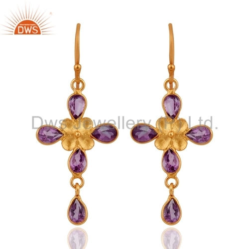 Amethyst 925 Sterling Silver Earrings - Gold Plated