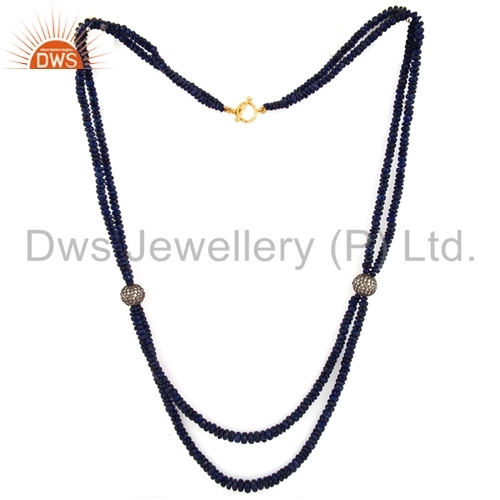 Blue Sapphire Beads & Diamond Solid Gold Necklace