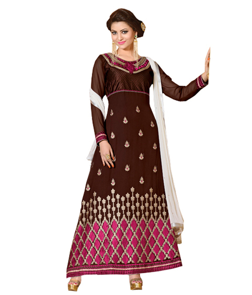 Latest Embroidered Anarkali Salwar Kameez - Georgette Top, Santoon Bottom, Brown, Chiffon Dupatta | Elegant Design, Intricate Gold Embroidery, Party Wear, Comfortable Fit