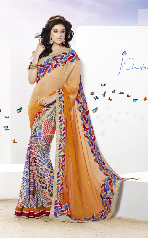 Stunning Orange & Cream Leaf Cutwork Saree