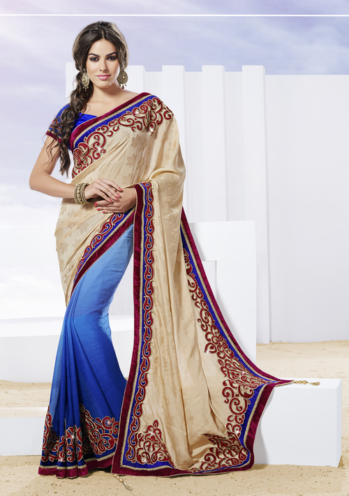 Light beige designer saree with applique work