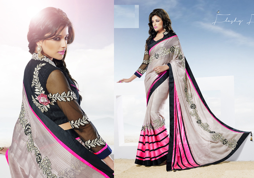 Pink & White shaded Designer embroidery saree