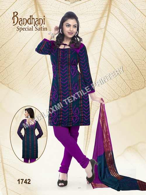 Multicolor Bandhani Satin Cotton Dress Materials
