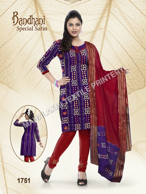 Blue And Red Bandhani Satin Cotton Dresses