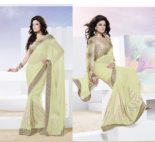 Heavy Designer Light Pista Partywear Saree - Faux Chiffon, Light Yellow, 5.5 Meters | Zari Print, Stone Embellishments, Applique, Patch Border, Silver Brocade Blouse