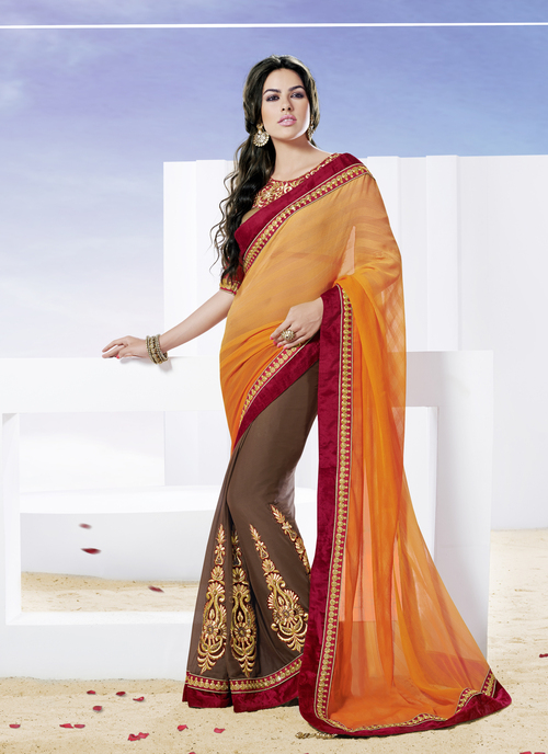 Trendy Brown Orange Shaded Designer Saree