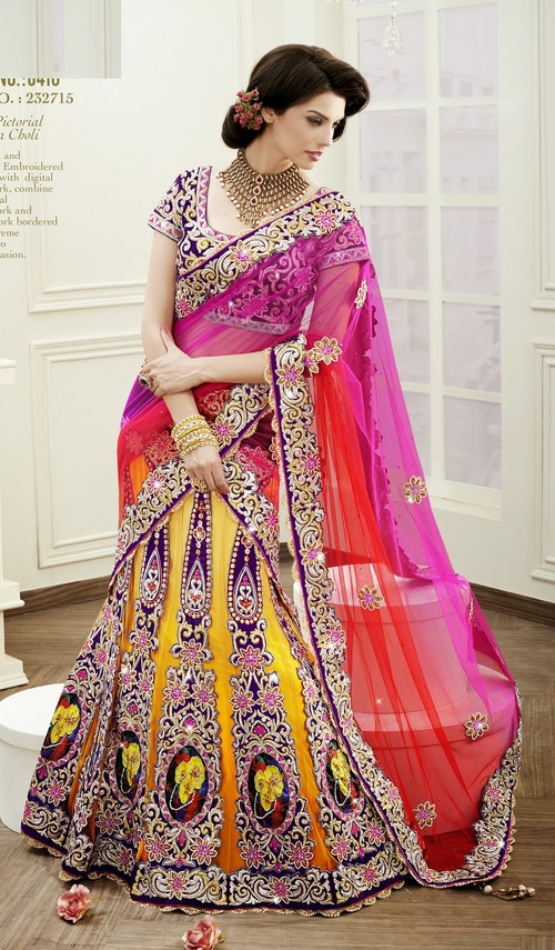 Royal Pictorial Lehenga Choli - Silk Blend, 42-44 Inches, Multicolor | Kali Embroidery, Digital Butta, Floral Patchwork, Heavy Work
