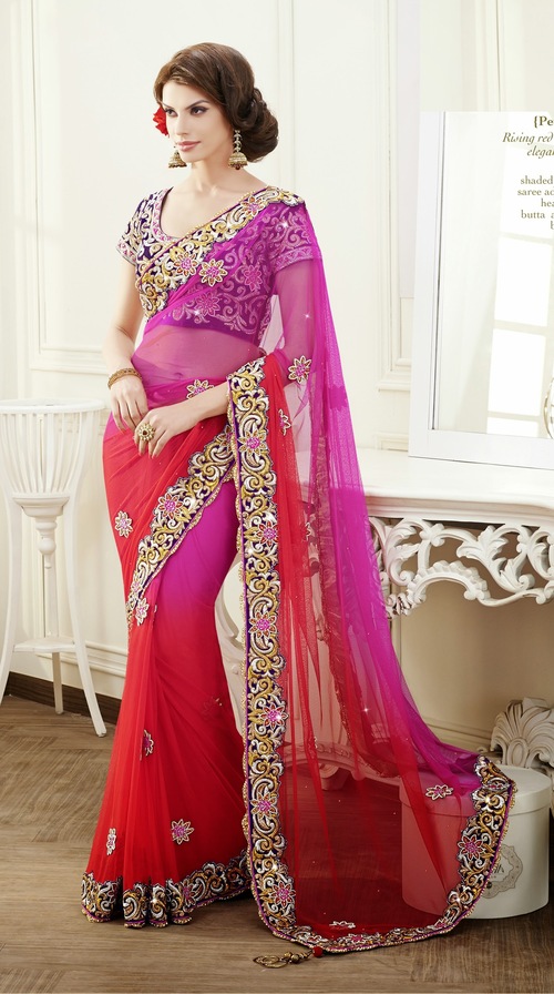 Rising Red Designer Elegance Saree - Net Fabric, 5.5 Meters, Red Shade | Heavy Border, Floral Butta, Heavy Work, Elegant Design