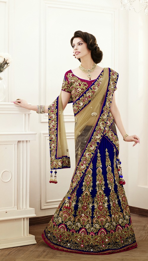Navy Blue Designer Velvet Lehenga Choli - Dark Pink Velvet Choli, Beige Net Dupatta, Resham Zari Embroidery, Patch Border Work, Faux Crepe Lining