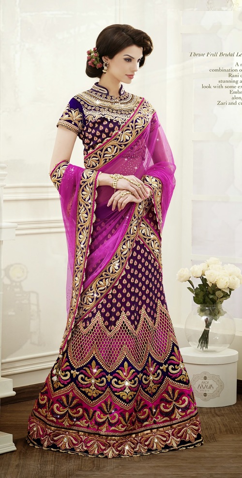 Thrive Frill Bridal Lehenga Choli - Velvet, Net, Purple, Rani | Stone, Zari, Cutwork Embroidery, Floor-Length, Custom Fit