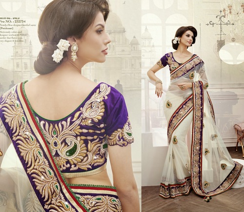 Trendy Diva Designer Worked Saree - Net & Velvet, Off-White, 5.5 Meters | Embroidery, Velvet Border, Feminine Elegance
