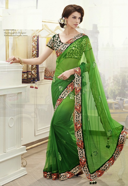 Eva Green Designer Worked Saree - Net Fabric, 5.5 Meters, Green, Embroidered Border | Elegant Design, Intricate Embroidery, Stunning Border, Perfect Fit