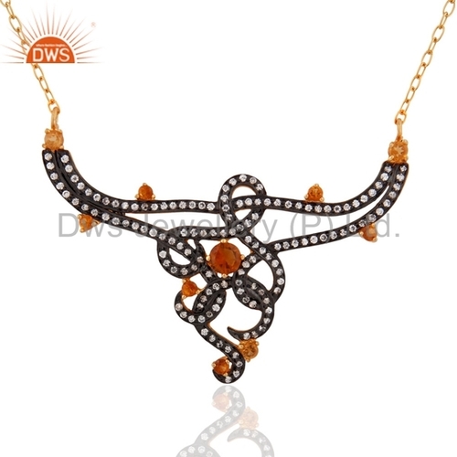 Cubic Zircon And Citrine Gemstone Silver Necklace Gender: Women
