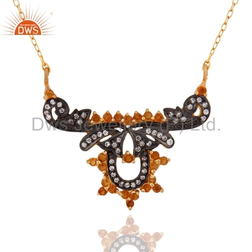 Sterling Silver Necklace - Citrine & Zirconia Elegant Women's Jewelry for Anniversary Gift and Party Occasions