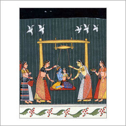 Raga Hindola Painting - Cotton Canvas, Watercolor, 12x24 Inches | Hand-Painted, Classical Style, Radha Krishna Mythological Art